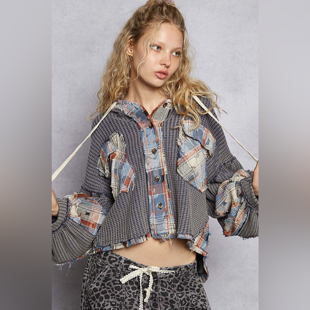 POL Patchwork Hooded Jacket - Gray and Blue - image 1